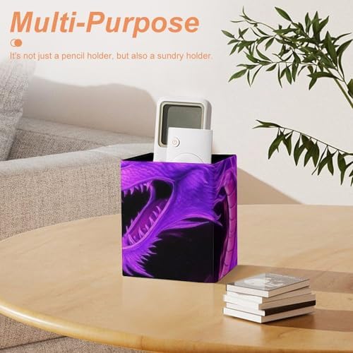 Women's Pen Cup Pencil Holder Makeup Brush Storage Purple Fire Dragon Leather Desk Organizer