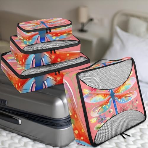 Dragonfly Pink Floral 4 Set Packing Cubes Luggage Organizer Bags for Travel Accessories and Essentials, Dragonflies Flower
