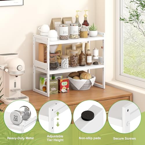 Expandable Cabinet Shelf Organizer, Stackable Kitchen Counter Shelf, White | Space Saving Metal Pantry Storage Racks for Kitchen Spice Rack Pans and Untensils Bathroom Office Organization, 2-Tier