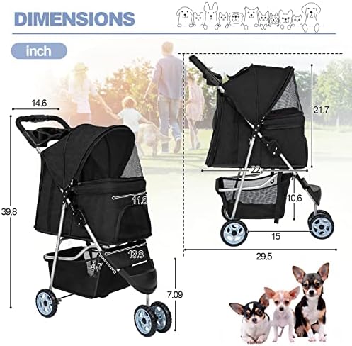BestPet | 3-Wheel Foldable Pet Stroller | Black | Lightweight & Portable | Travel Carrier with Mesh Windows, Storage Basket, Cup Holder, Safety Brakes, and Waterproof Fabric | For Small Dogs and Cats