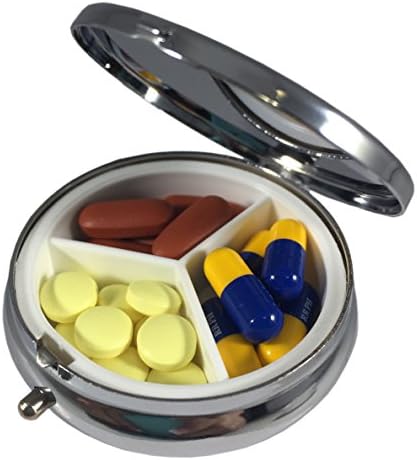 Heart with Paw Print Silver Pill Box – Round 3-Compartment Metal Pill Organizer, Compact 2-Inch Travel Pill Case for Purse or Pocket