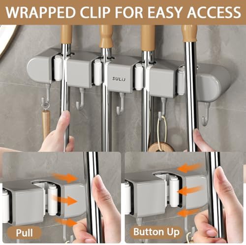 2Pcs Broom Holder Wall Mount, No-Drilling Self-Adhesive Mop and Broom Storage Rack with Hooks (4 Racks with 5 Hooks), Wall-Mounted Broom Hanger for Bathroom, Kitchen, Closet, Garage (Grey)