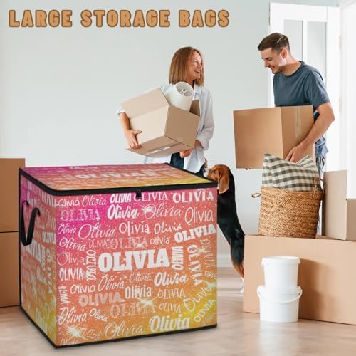 Custom Name Comforter Storage Bin with Lid, Personalized XL Storage Basket with Handles Zippers for Organizing Blankets, Bedding Closet Shelf Baskets, Orange Pink Yellow Glittering Stars