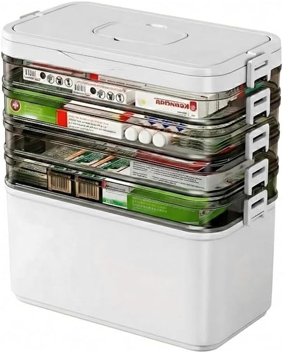 5-Tier Medicine Storage Organizer with Portable Pill Case, Portable First Aid Box with Removable Layers, Clear Medical Storage Container for Medicines, Vitamins & Emergency Supplies