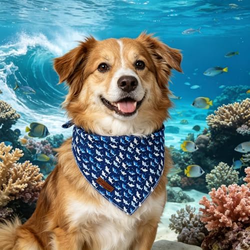 Blue Shark Dog Bandana, Spring Summer Puppy Bandana for Boy Male Dogs, Soft Cotton Pet Beach Triangle Bid Scarf Kerchief for Girl Boy Dogs or Cats
