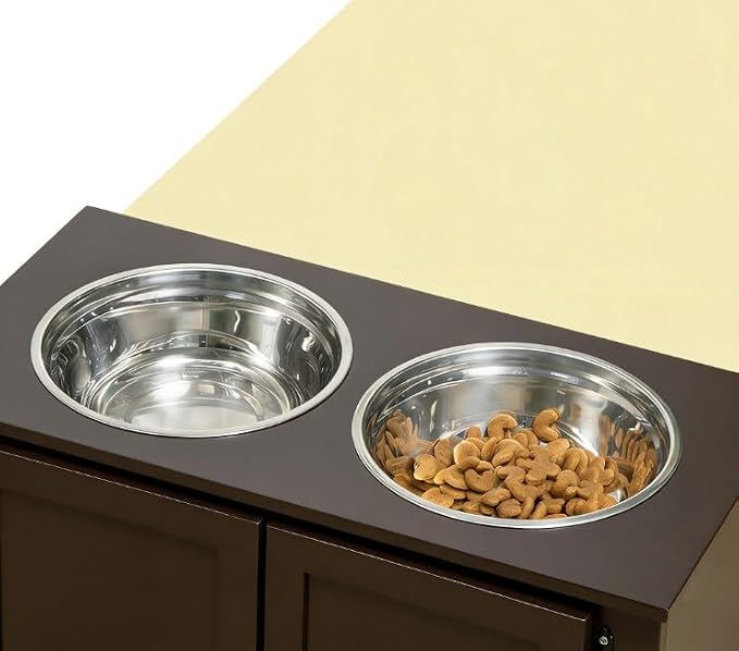 Dog Feeding Station with Storage, 2 Stainless Steel Bowls, Coffee, Elevated Dog Bowl Holder, Dog Feeder Stand, Wooden Dog Food Organizer for Indoor, Dog Food Storage Cabinet