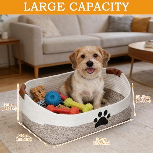 Woven Dog Toy Basket Large 100% Cotton Rope Basket for Dog Cats Toys Dog Toys Box for Living Room Area-Trapezoid Dog Toys Bin-Nursery Gift for Pet Toys,Collar,Leash,Blanket,Clothes-Brown