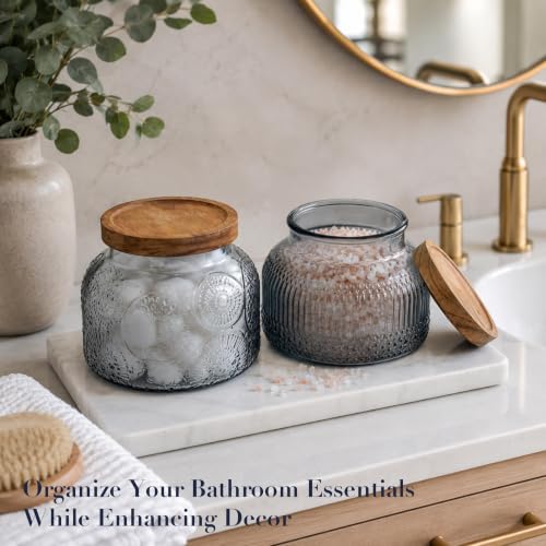 Decorative Grey Glass Jars with Airtight Wooden Lids 2 pack, 25.4 fl. oz | Wide mouth vintage storage canister, kitchen pantry bathroom organization, coffee sugar tea cookie candy candle vase gift