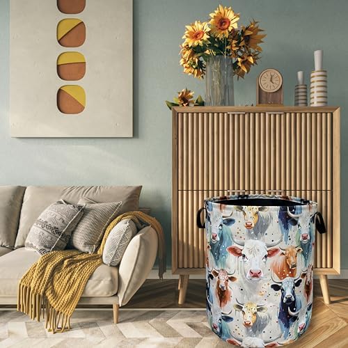 Watercolor Cows Laundry Basket Foldable Oxford Cloth Hamper 18.9"x16.5"