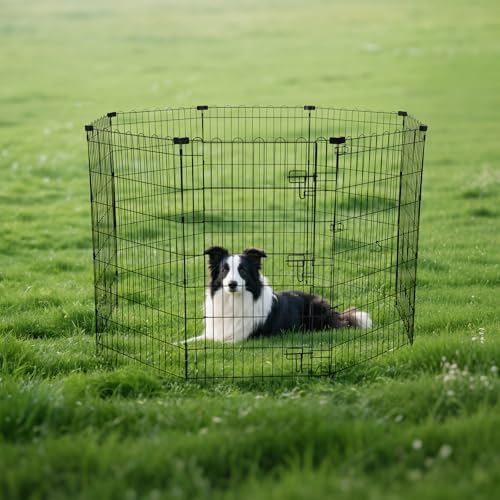 Amazon Basics Foldable Octagonal Metal Exercise Dog Playpen, Indoor/Outdoor, Single Door, 8 Panels, 24 x 42 Inches, Portable Pet Fence, Large, Black