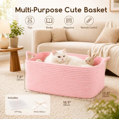 OIASKET Large Empty Cotton Rope Gift Basket with Handles, 18.9"x13.8"x7.8" Decorative Woven Storage Basket with Gift Bag and Ribbon Set for Baby Shower, Toy Organizer for Kids, Dogs & Cats - Pink