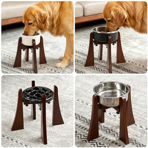Solid Wood Elevated Dog Bowl Stand Set with Stainless Steel Bowl, 10-Inch | Raised Feeder with Adjustable Width Fits 6.3-7.8 Inch Dog Food Water Bowls, Non-Slip Base for Medium and Senior Dogs