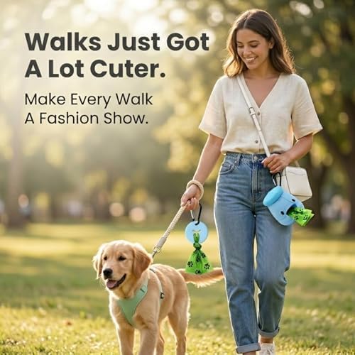 Dog Poop Bag Holder with Hands-Free Used Bag Clip & 1 Roll Bags | Cute silicone design with leash attachment and hands-free clip, making dog walking cleaner and more convenient outdoors