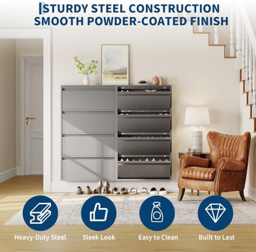 Garvee Slim Metal Shoe Cabinet with 4 Flip Drawers for Entryway, Dark Gray | Narrow Shoe Storage, Wall Mounted or Floor Standing, Detachable Bottom Corners for Flexible Placement, Anti-Tip Wall Mount