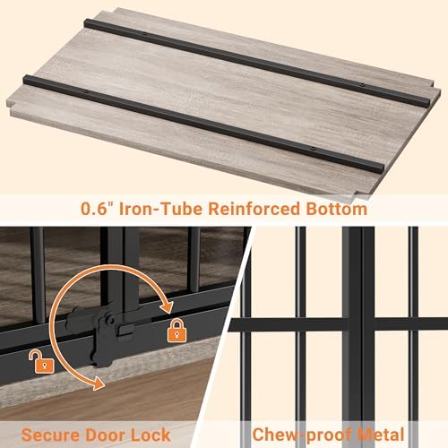 YaFiti 37.7" Wooden Dog Crate Furniture for Medium Dogs, Grey | Adjustable Feeder, 2 Bowls, Chew-Resistant, Heavy Duty, Dog Kennel Indoor, Decorative Side End Table, Pet Cage House
