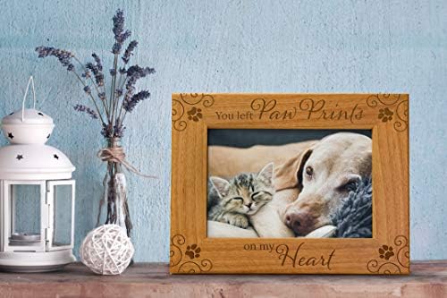 You Left Paw Prints On My Heart - Pet Memorial Picture Frame Gift, Engraved Natural Wood Fits a 5x7 Horizontal Portrait, Dog Remembrance, Sympathy Gift, In Memory of, Dog passing away, Condolence