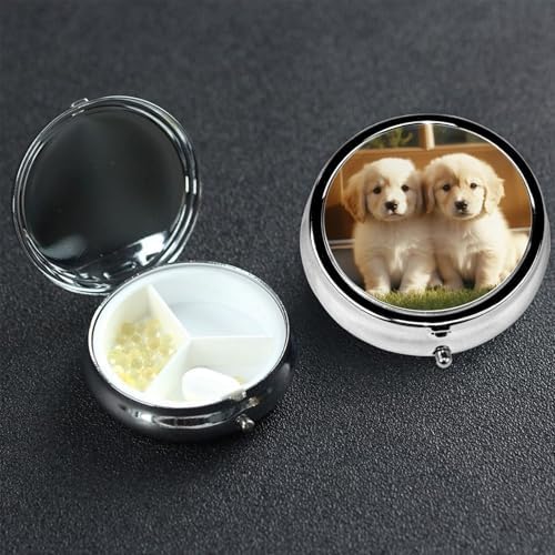 Pill Box 3 Compartment Medicine Pill Case for Pocket or Purse Mini Metal Pillcase Cute Dog Pill Holder Vitamin Organizer Portable Travel Pills Container to Hold Supplements Vitamins