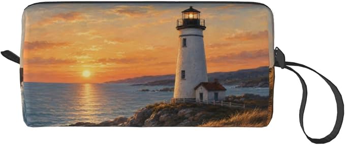 Lighthouse at Golden Sunset Makeup Bag for Women, Cosmetic Pouch | Double-Sided Sunset Lighthouse Cosmetic Organizer with Foam Padding for Women, Travel, Gym, School, and Daily Storage