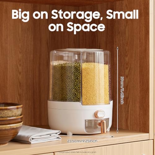 360° Rotating 6 Grid Rice & Cereal Dispenser, Dry Grain Storage Organizer | Rice Storage Container with Independent Drawer and Lid, Dry Food Dispenser for Store Rice&Various Beans, 14.33lbs Capacity