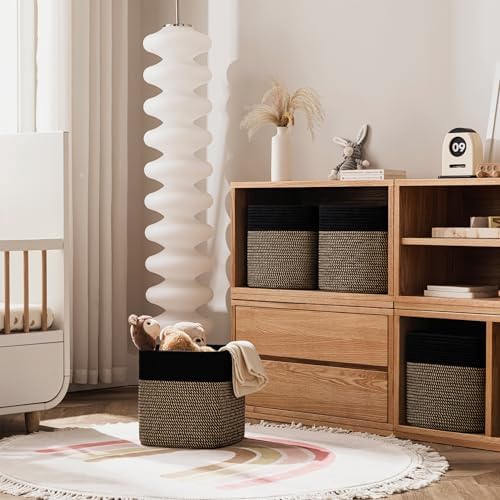 joybest 11inch Cube Storage Bins, Cotton Rope Woven Organizer Basket | Set of 4 Cube Bin Square Shelves Organizer Closet Storage, Nursery, Toy Organization, Black&Dark Brown