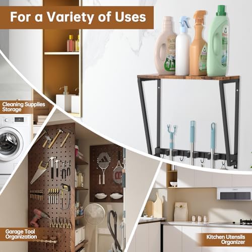Broom and Mop Organizer Wall Mount, Heavy Duty Broom Hanger Wall Mount for Garage Laundry Room Utility Closet, Cleaning Tool Storage Rack Holder for Brooms Mops Swiffer and Household Organization