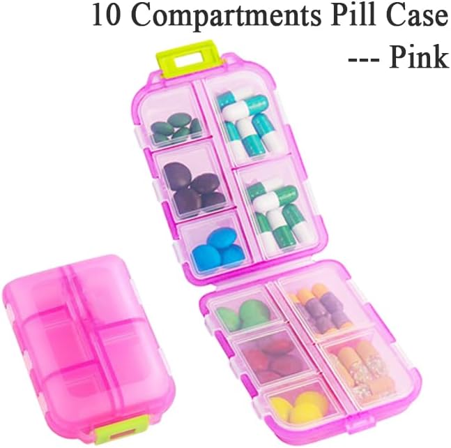 Travel Pill Organizer, Moisture Proof Daily Medicine Dispenser Box | Small Weekly Vitamin Pill Case for Supplement, Fish Oil, Meds, Pocket Pharmacy Cute Capsule Container 10 Compartments, Pink