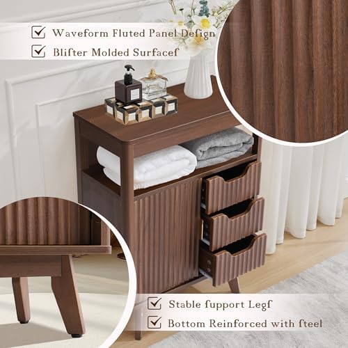 Grepatio Bathroom Floor Cabinet, Fluted Storage Cabinet with Sliding Door & 3 Drawers, Freestanding Cabinets Organizer Storage w/Adjustable Shelf, Faux Marble Top for Bathroom, Kitchen (Brown)
