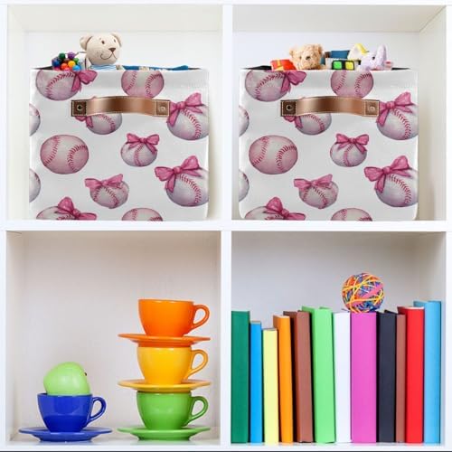 Pink Bow Baseball Square Baskets Storage Bins Foldable Fabric Organizer Bin Open Home Shelf Baskets