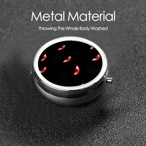 Pocket Pill Box, Waterproof Round Dispenser, Portable Mini Case for Supplements, Daily Use Organizer for Active Lifestyles, Evil Black Red Eyes