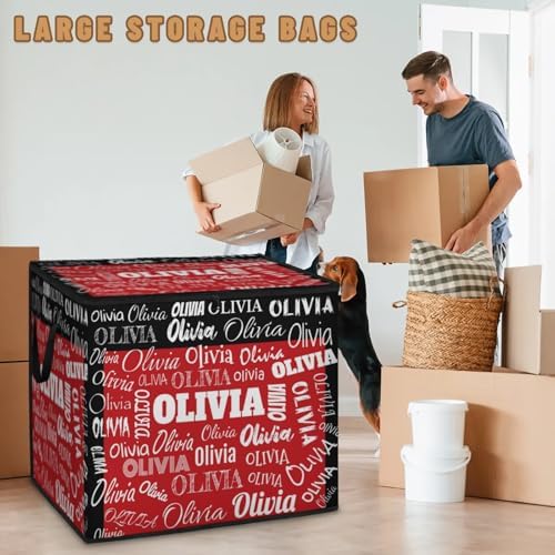 Personalized Extra Large Storage Basket with Lid, Comforters, Bedding Toys Black Red Color Storage Bin with Handles for Home, Collapsible Basket for Clothes, Moving, Car Trunk