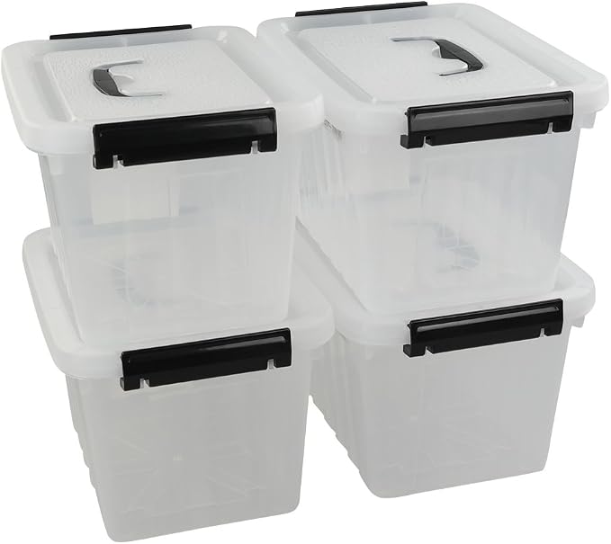 Ggbin 6 Quart Clear Latch Storage Box with Black Handle and Latch - 4 Pack | Lidded Storage Container Bin For Home Office, Stackable