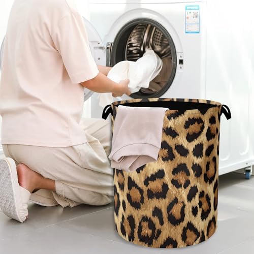 Brown Leopard Laundry Basket,Foldable with Handles Tote Bag Oxford Cloth for Bathroom Bedroom Dirty Clothes Storage Bucket 16" x 20.8"