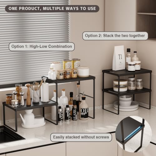 Spicy Shelf Stackable Kitchen Countertop Organizer Heavy Duty Kitchen Counter Shelf Metal Spice Rack for Countertop (2 Pack, Black)