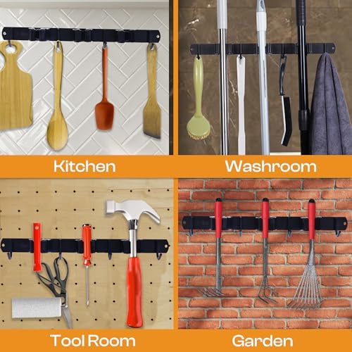 Stainless Steel Broom Holder Wall Mount, 3 Racks & 4 Hooks | Waterproof organizer for mops, brooms, tools and garden equipment, adjustable wall storage, black