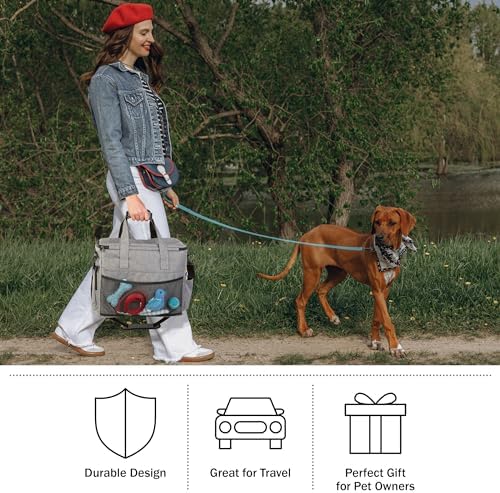 Dog Travel Bag - Cat and Dog Storage Organizer with Pockets, Mat, 2 Food Containers, and 2 Large Collapsible Travel Dog Bowls by PETMAKER (Gray)