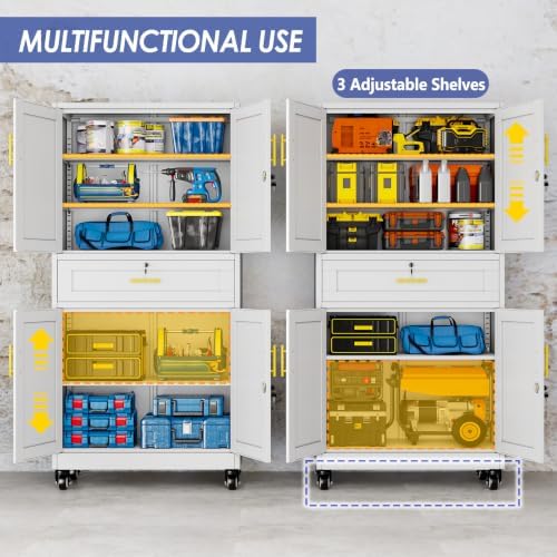 74" Metal Garage Storage Cabinet with Wheels and Locking Doors