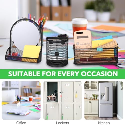 Weysat Set of 5 Magnetic Locker Accessories Mirror with 2 Magnetic Pen Holder and 2 Wire Mesh Storage Basket for Students Back to School Locker Organizer for School Office(Black)