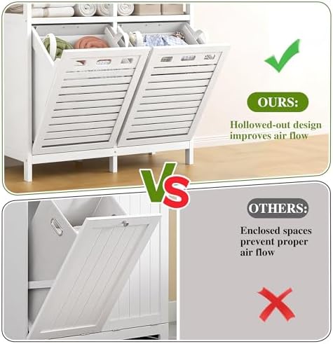VASMIA Tilt Out Laundry Hamper Cabinet, Bamboo Double Laundry Hamper with 2 Removable Laundry Baskets, 20 Gal Laundry Sorter Organizer with Shelf for Dirty Clothes, Bathroom, Laundry Room, White