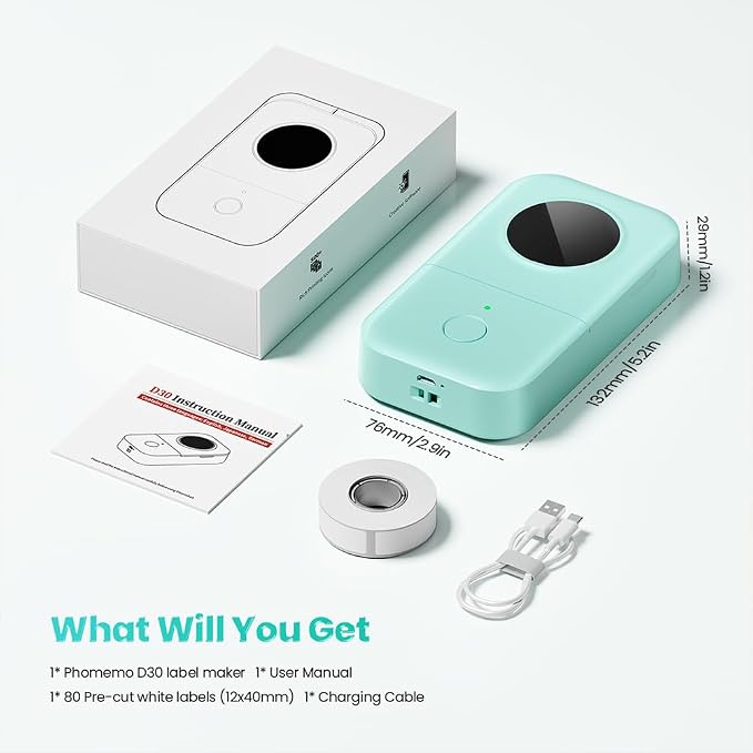 Phomemo Label Maker, D30 Bluetooth Mini Label Maker Machine with Tape | Portable Thermal Printer, Massive Templates Fonts Icon Labeler for Home Classroom School Office, Lightweight Rechargeable