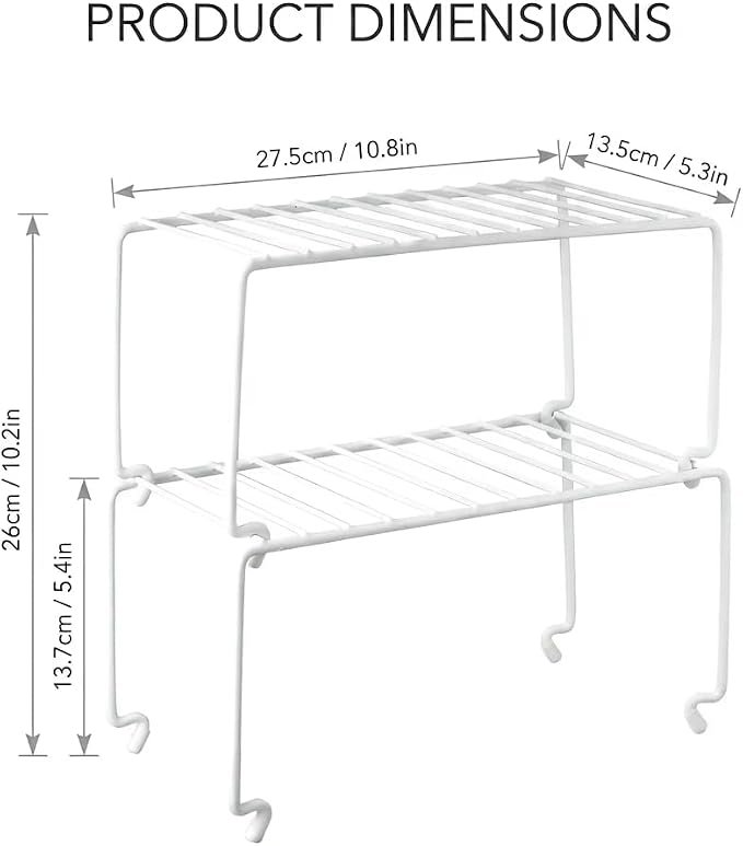 4-Pack Small (10.8x5.3inch) White Stackable Shelf Organizer Rack, Wire Shelf Rack for Kitchen Cabinet, Pantry, Desk Organization and Storage, Rustproof