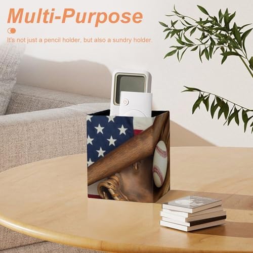 Square Pen Holder Waterproof Multifunctional Desk Organizer For Office Home Vintage Ball Baseball American Flag