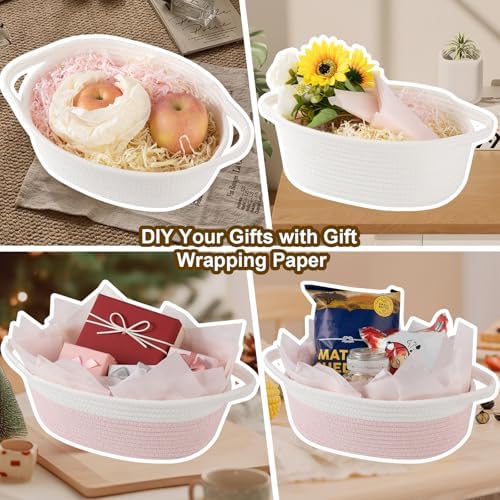 OIAHOMY Gift Basket Empty with Handle, 12"x 8"x 5" Small Woven Basket with Gift Bag, Ribbon and Wrap Tissue Paper, Dog Toy Storage for Organizing - Sky Blue & White