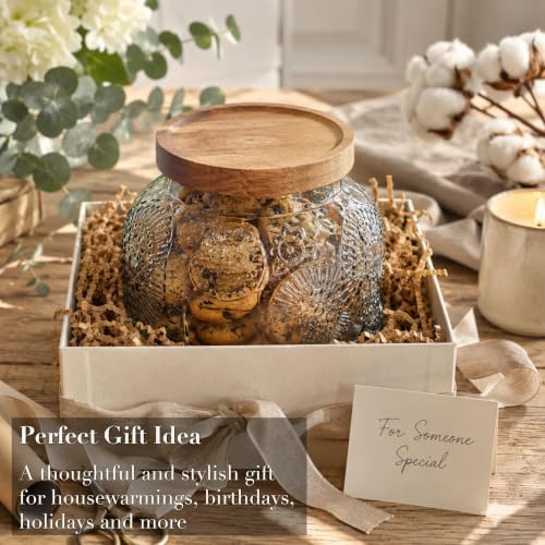 Decorative Grey Embossed Glass Jar with Airtight Wooden Lid, 40 fl. oz | Wide mouth vintage storage canister, kitchen pantry bathroom organization, coffee sugar tea cookie candy candle vase gift