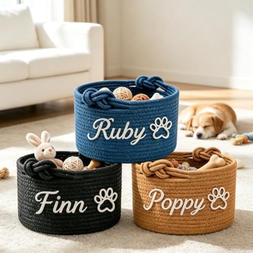 Personalized Dog Toy Basket with Name, Custom Puppy Toy Basket Bins, Personalized Pet Toy Rope Basket for Dogs Birthday Gifts Basket, Unique Gift for Pet Lovers