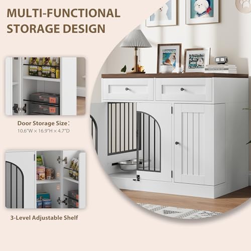 Garvee Multi-Functional Dog Crate Furniture, 37 Inch Wooden Dog Crate with Storage & 360° Rotating Bowls, Dog Kennel Furniture for Small to Large Breeds