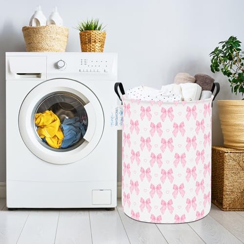 Round Laundry Basket Collapsible Storage Hamper Pink Bowknot | Waterproof Canvas Foldable Baskets with sturdy Handles Multi-scene Organizer for Home Play Bedroom Gift Bin