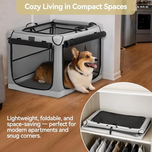 PETSFIT Portable Dog Crate for Large Dogs, – 40" Soft Dog Travel Crates with Lockable Zippers & Thicken Mat, Adjustable Patented Spiral Steel Frame, Collapsible Kennel for Indoor & Outdoor