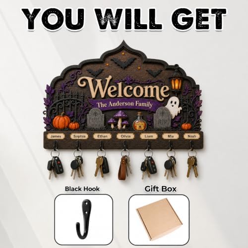 Personalized Halloween Key Holder, Custom Wooden Family Name Décor | Decorative Halloween Sign with Hooks, Family Name Sign, Spooky Wall Holder, Pumpkin Front Door Accent, House Key Hanger