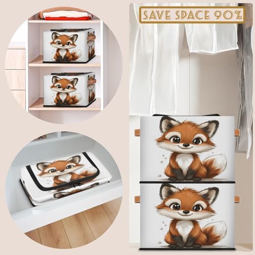 Wild Animals Fox Storage Bins with Zipper Lid Foldable Fabric Organizer Box with Handles Rectangular Closet Clothes Organizer Containers