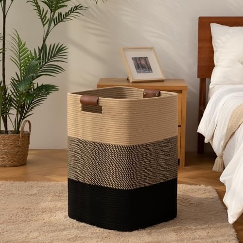 Laundry Hamper 96L Extra Large Laundry Basket, Woven Blanket Basket | Cotton Woven Storage Hamper with Handles for Living Room, Large Baskets for Pillows, Blankets, Clothes-Black & Yellow